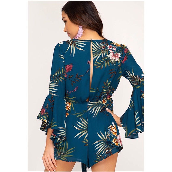 Floral Woven Romper in Teal - Picture 2 of 6